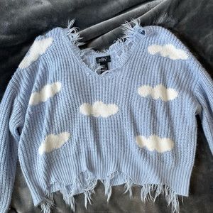 cute blue crop sweater with clouds v neck